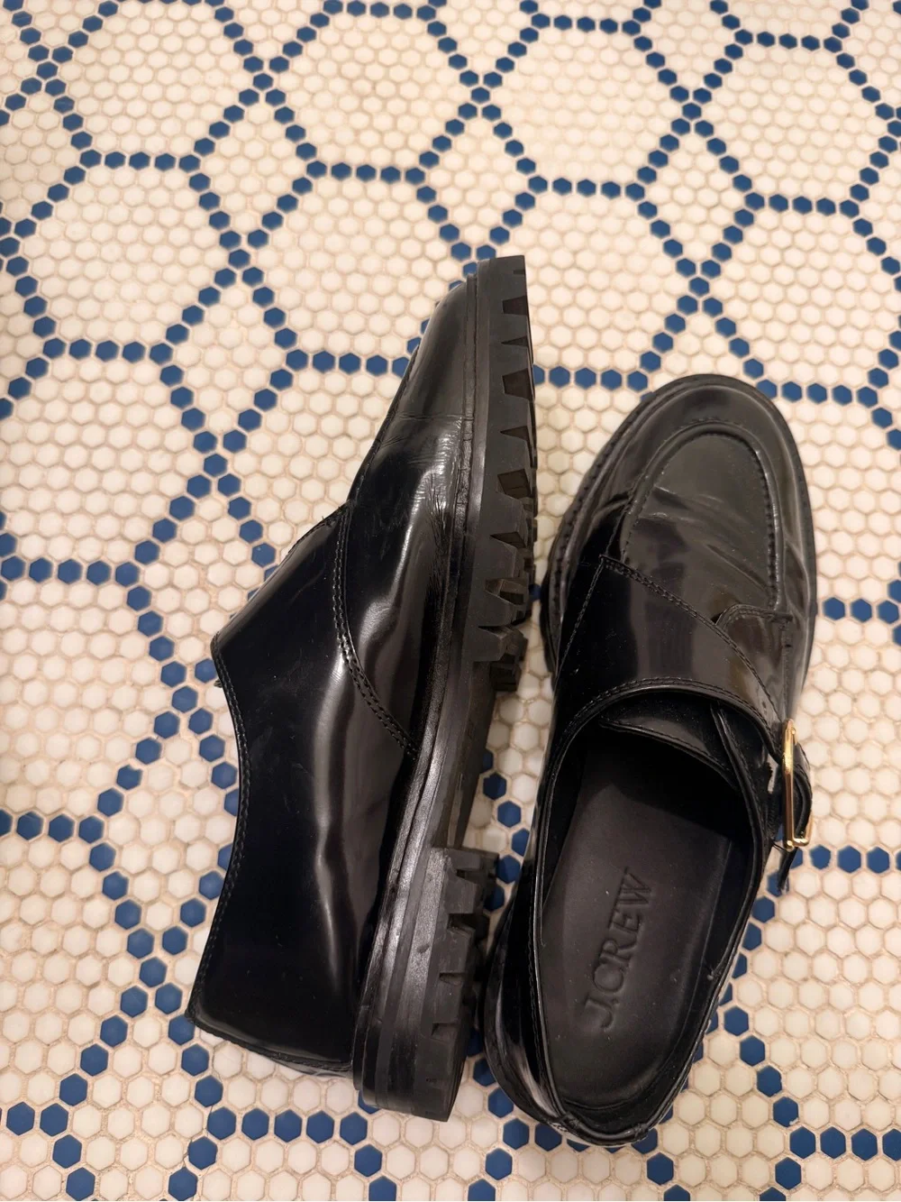 J. Crew Black Leather Loafers with Gold Buckle